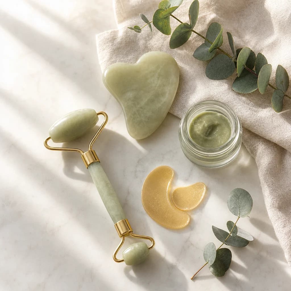 Gua sha stone, jade roller and under-eye patches on marble