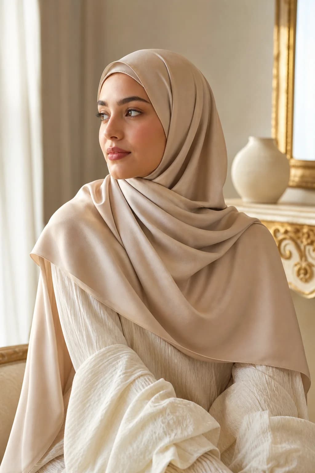 Woman wearing a champagne silk hijab in soft morning light